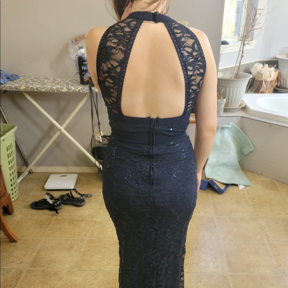Navy Lace Prom Dress - Picture 2 of 6